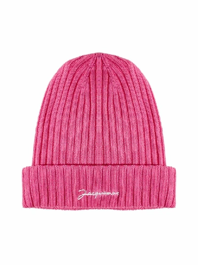 Shop Jacquemus Logo Ribbed Beanie In Pink