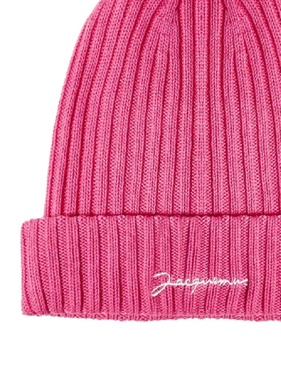 Shop Jacquemus Logo Ribbed Beanie In Pink