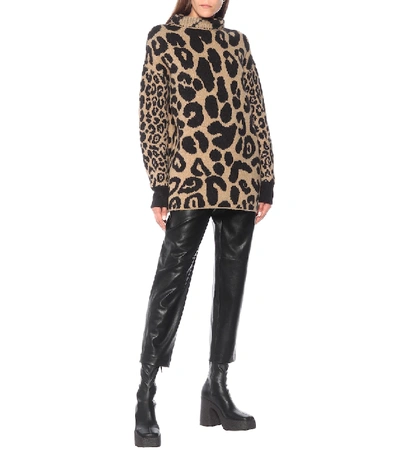 Shop Stella Mccartney Leopard-print Cotton And Alpaca-blend Sweater In Brown