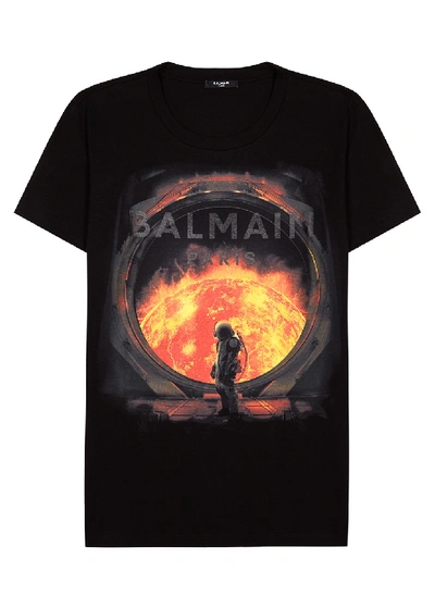 Shop Balmain Black Printed Cotton T-shirt In Multicoloured