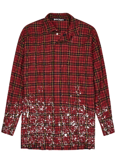 Shop Palm Angels Red Checked Logo Stretch-cotton Shirt