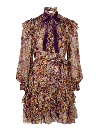 Shop Zimmermann Ladybeetle Printed Silk-chiffon Mini Dress In Purple