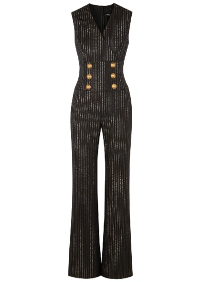 Shop Balmain Pinstriped Wool-blend Jumpsuit In Black