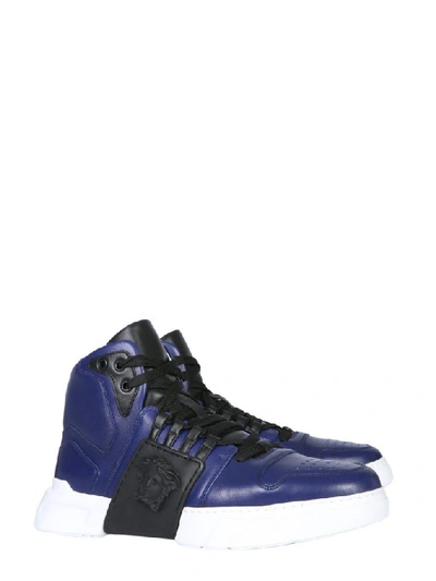 Shop Versace Men's Blue Leather Hi Top Sneakers