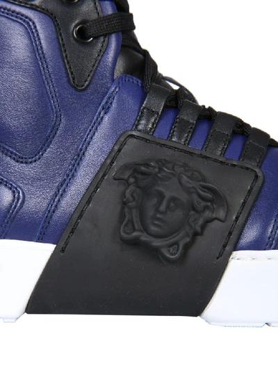 Shop Versace Men's Blue Leather Hi Top Sneakers