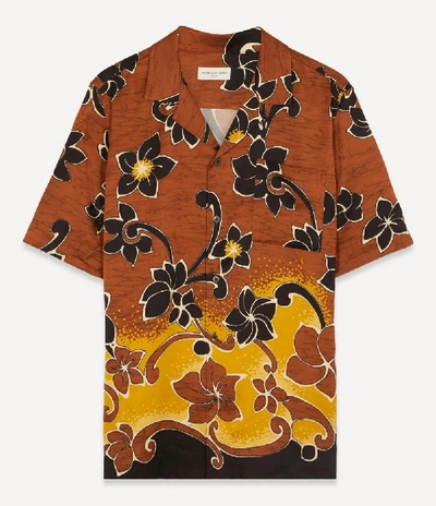 Shop Dries Van Noten Camp-collar Floral Print Satin-twill Shirt In Mustard