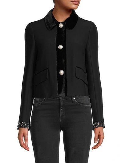 Shop Miu Miu Embellished Velvet-trim Shirt In Black