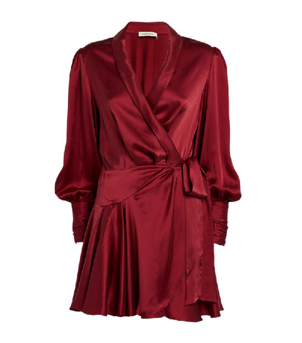 Zimmermann Gathered Washed Silk Satin Mini Wrap Dress In Burgundy