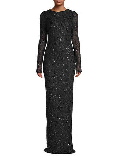 Shop Balmain Sequin Long-sleeve Column Gown In Black