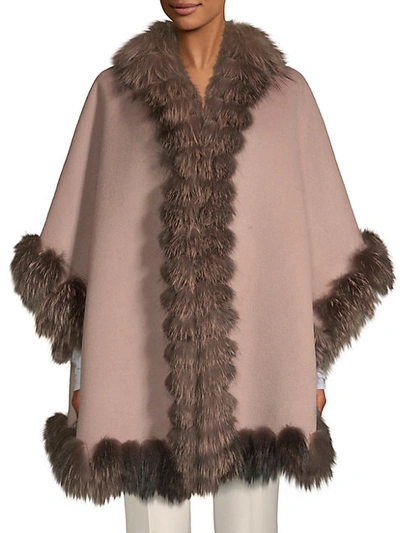 Shop Belle Fare Dyed Fox Fur-trim Wool Cape In Grey