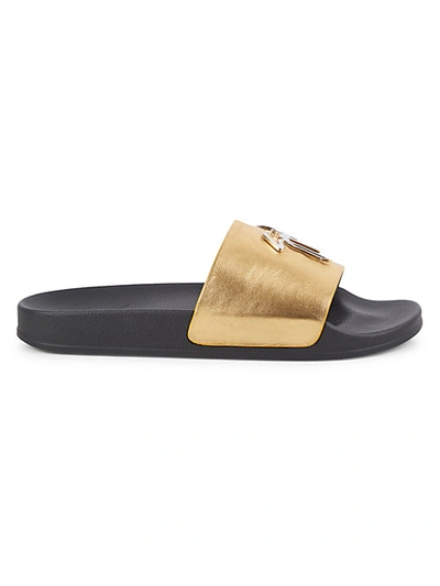 Shop Giuseppe Zanotti Logo Snake Embossed Leather Slides In Gold