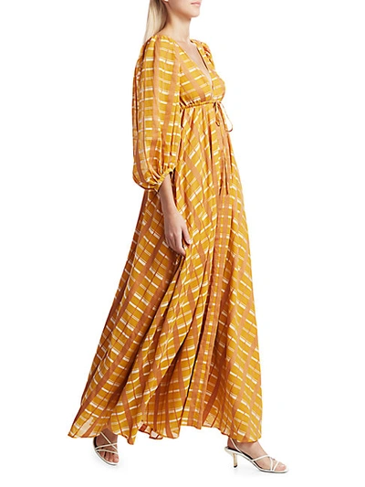 Shop Staud Amaretti Checker Puff-sleeve Maxi Dress In Mustard Plaid