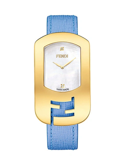 Shop Fendi Chameleon Goldtone Stainless Steel, Mother-of-pearl & Saffiano Leather Large Signature Strap Watch In Blue