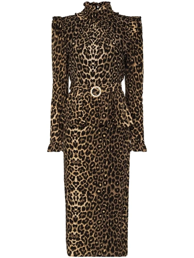 Shop Alessandra Rich Belted Leopard-print Peplum Midi Dress In Brown