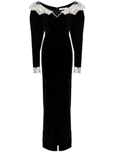 Shop Alessandra Rich Lace-trim Velvet Maxi Gown In Black