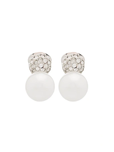 Shop Kenneth Jay Lane Pavé Crystal Pearl Clip Earrings In Silver