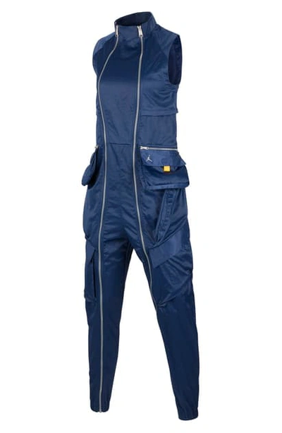 Shop Nike Jordan Sleeveless Nylon Flight Suit In Navy/ Laser Orange