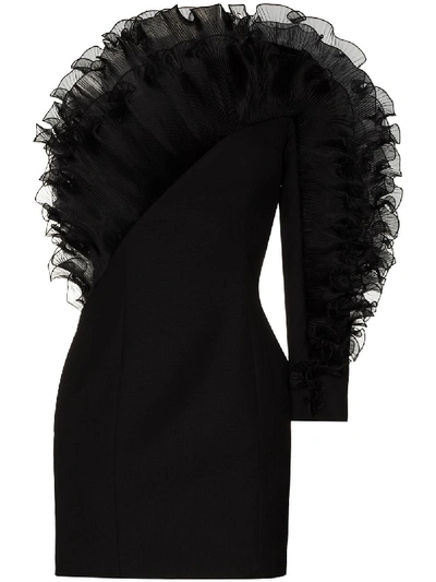 Shop Alexandre Vauthier One-shoulder Ruffle-trim Mini Dress In Black