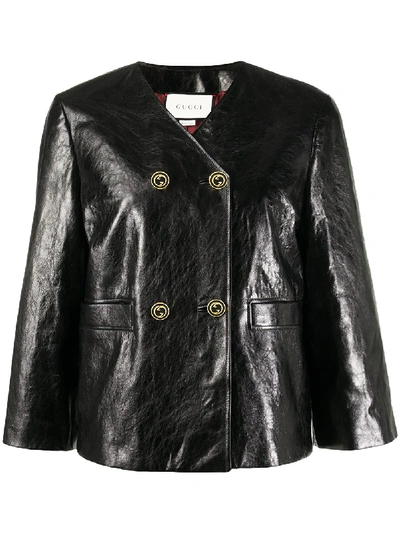Shop Gucci Cropped Sleeve Leather Jacket In Black