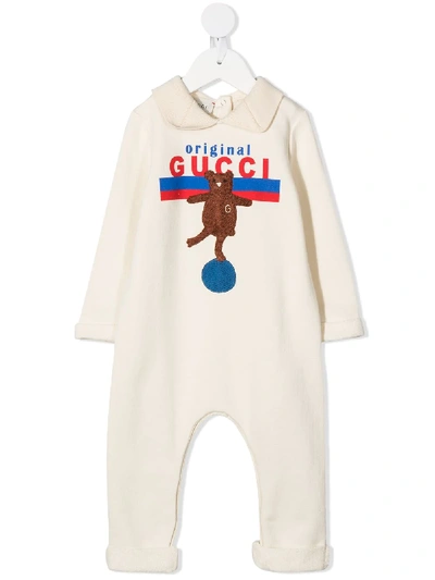 Shop Gucci Bear Embroidered Romper In Neutrals