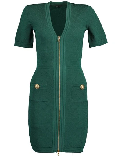 Shop Balmain Green V-neck Diamond Knit Zip Mini Dress