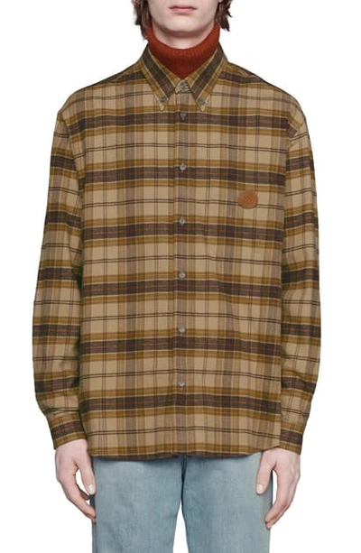 Shop Gucci Plaid Logo Leather Patch Flannel Button-down Shirt In Bone/ Mix