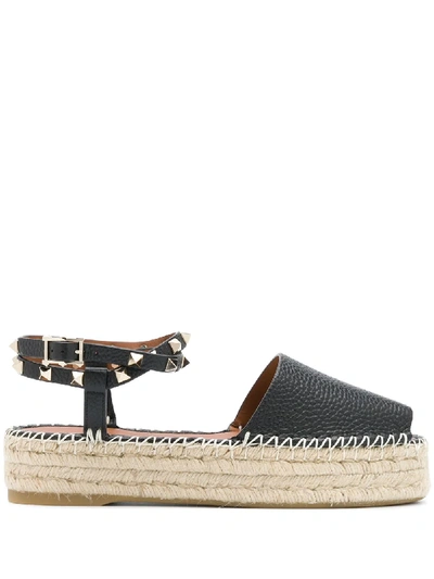 Shop Valentino Rockstud Flatform Espadrilles In Black