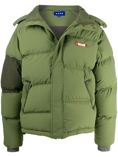 Shop Ader Error Panelled Logo Puffer Jacket In Green