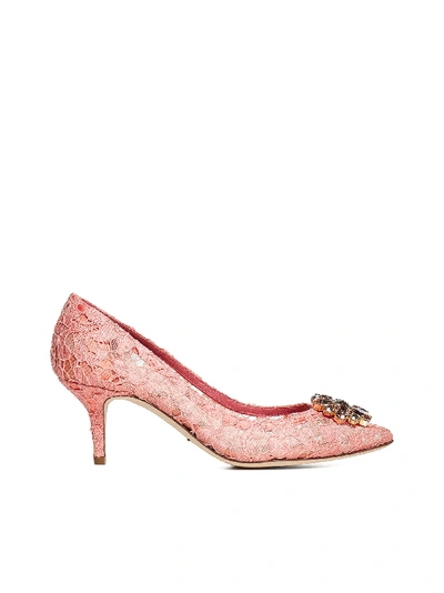 Shop Dolce & Gabbana Bellucci Taormina Lace Pumps With Crystals In Peonia