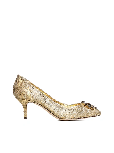 Shop Dolce & Gabbana Bellucci Taormina Lace Pumps With Crystals In Oro