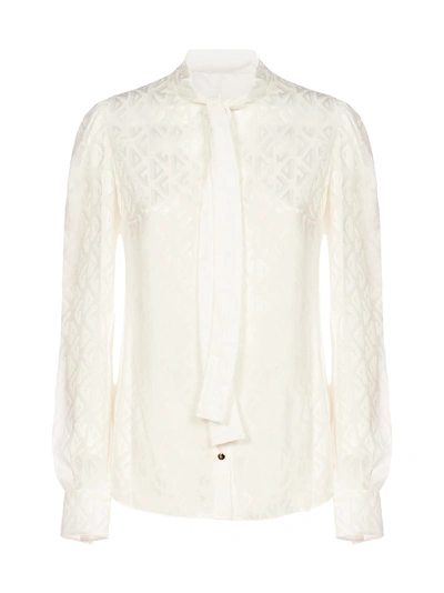 Shop Dolce & Gabbana Pussy-bow Neck Logo Jacquard Silk Shirt In Bianco Naturale