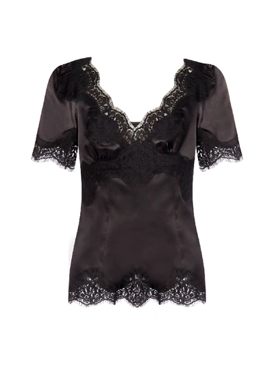 Shop Dolce & Gabbana Lace-trimmed Silk Satin Top In Nero