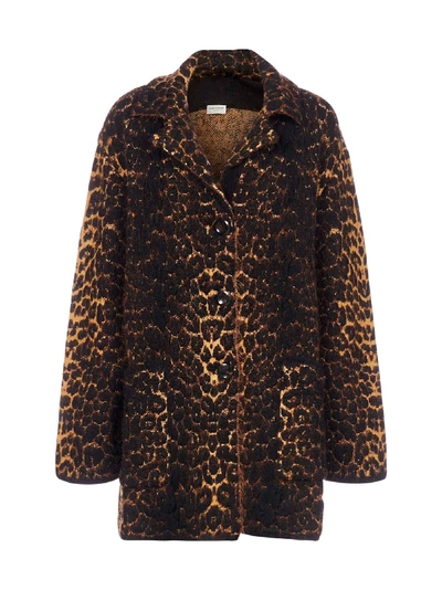 Shop Saint Laurent Leopard Motif Wool And Mohair Coat In Noir Camel Marron