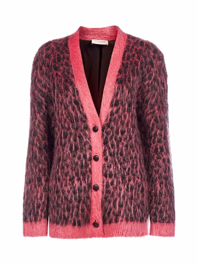 Shop Saint Laurent Leopard Motif Wool And Mohair Cardigan In Rose Noir