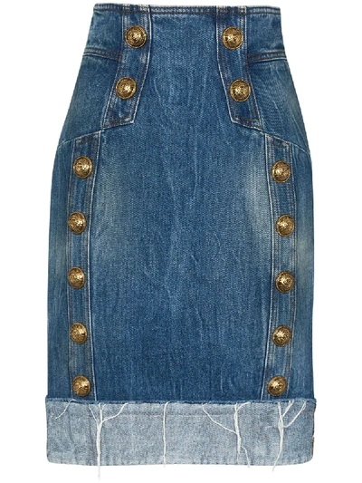Shop Balmain Double-breasted Pencil Skirt In Blue