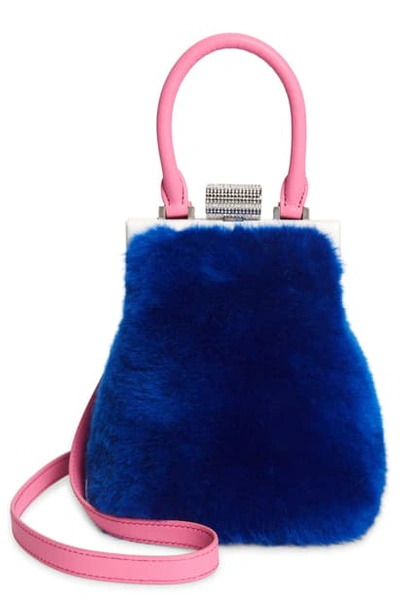 Shop Perrin Le Mini Genuine Shearling & Leather Top Handle Bag In Blue Royal