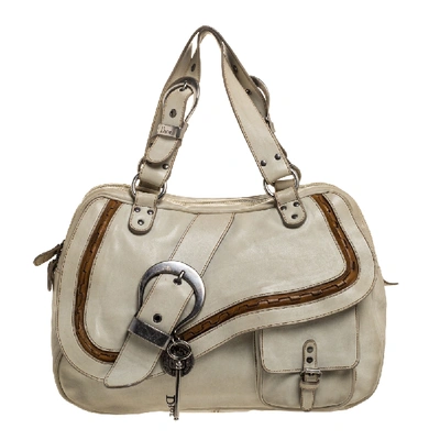 Pre-owned Dior Pale Green Gaucho Leather Large Double Saddle Shoulder Bag