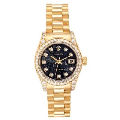 Pre-owned Rolex Black Diamonds 18k Yellow Gold President 179158 Women's Wristwatch 26 Mm