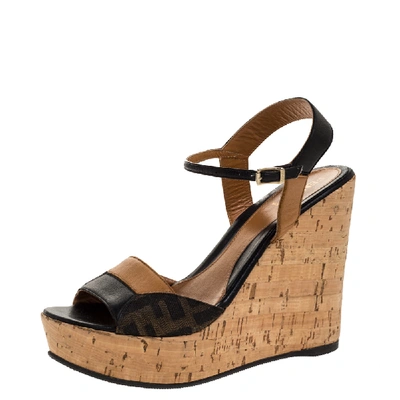Pre-owned Fendi Black/brown Leather And Canvas Cork Wedge Ankle Strap Sandals 37.5