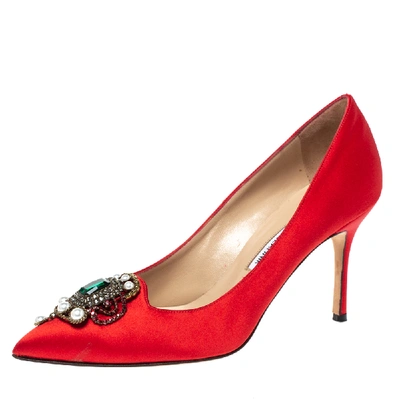 Pre-owned Manolo Blahnik Red Satin 'eufrasia' Pointed Toe Pumps Size 37.5