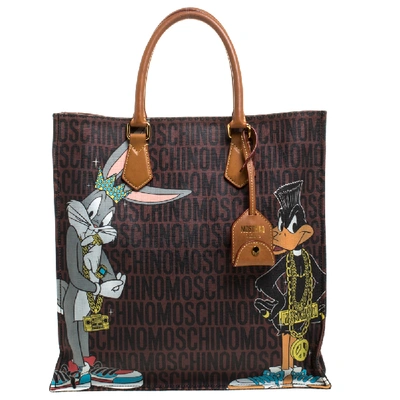Pre-owned Moschino Brown Bugs Bunny And Duffy Duck Printed Shopper Tote