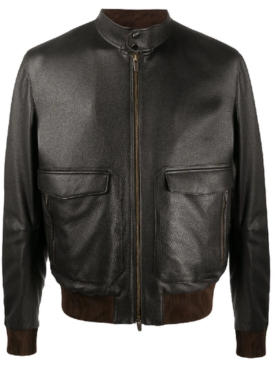 Shop Ajmone Long-sleeve Leather Bomber Jacket In Brown