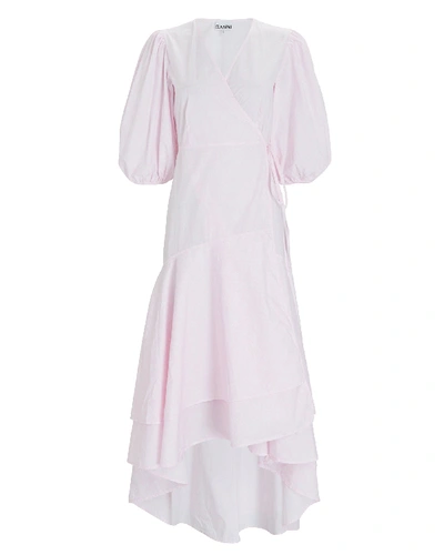 Shop Ganni Poplin Puff Sleeve Wrap Dress In Pink