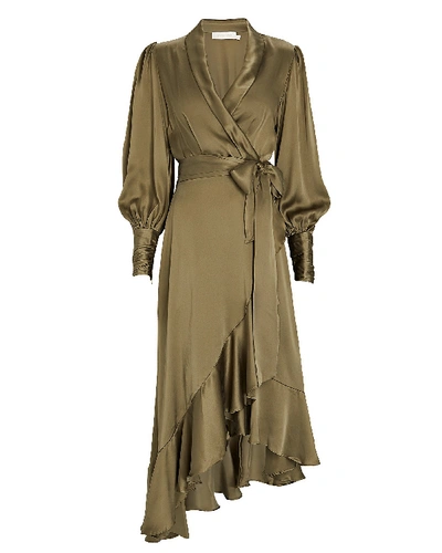 Shop Zimmermann Silk Midi Wrap Dress In Olive