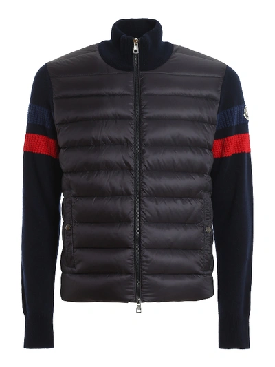 Shop Moncler Nylon And Wool Cardigan In Blue
