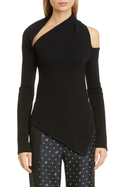 Shop Monse Sliced Shoulder Asymmetrical Merino Wool Sweater In Black