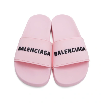 Shop Balenciaga Pink Logo Pool Slides In Light Pink/black
