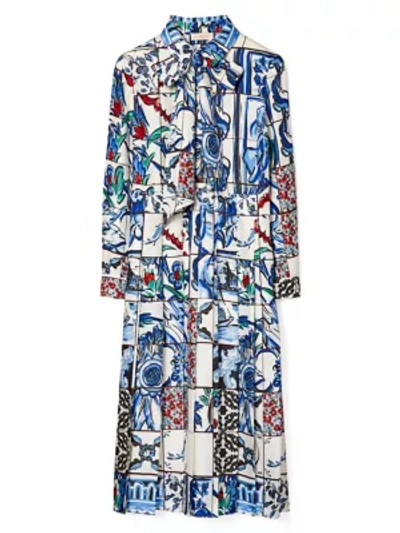 Shop Tory Burch Printed Silk Bow Dress In Tile Mosaic