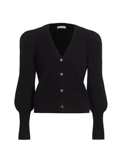 Shop Design History Crop Cashmere Puff-sleeve Cardigan In Black