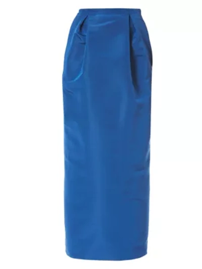 Shop Carolina Herrera Front Pleat Silk Midi Pencil Skirt In Tempest Blue